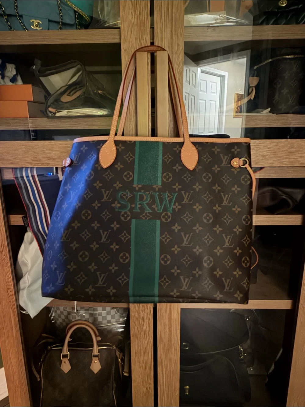 Louis Vuitton Neverfull GM Monogram Tote with Green Stripe personalized 100%auth
